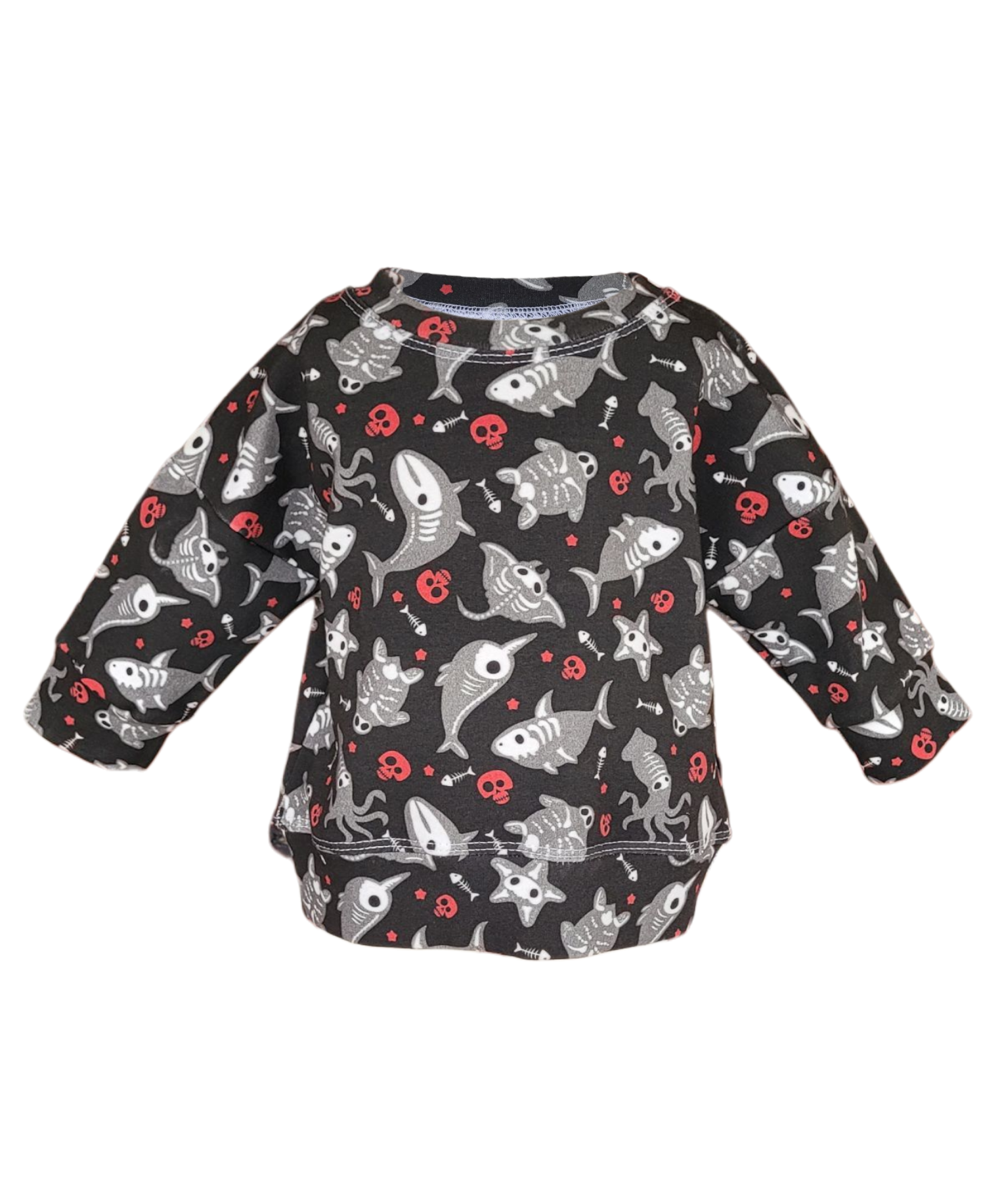 Kids skeleton shark sweatshirt – spooky fish and skull print on organic cotton French terry, handmade on Long Island