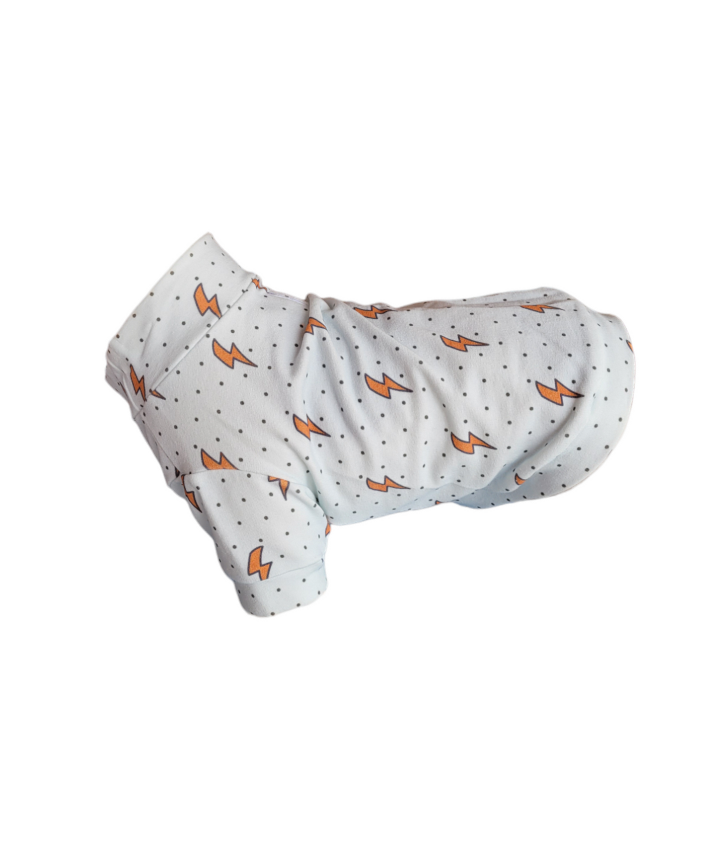 Light blue dog sweater with orange lightening bolts