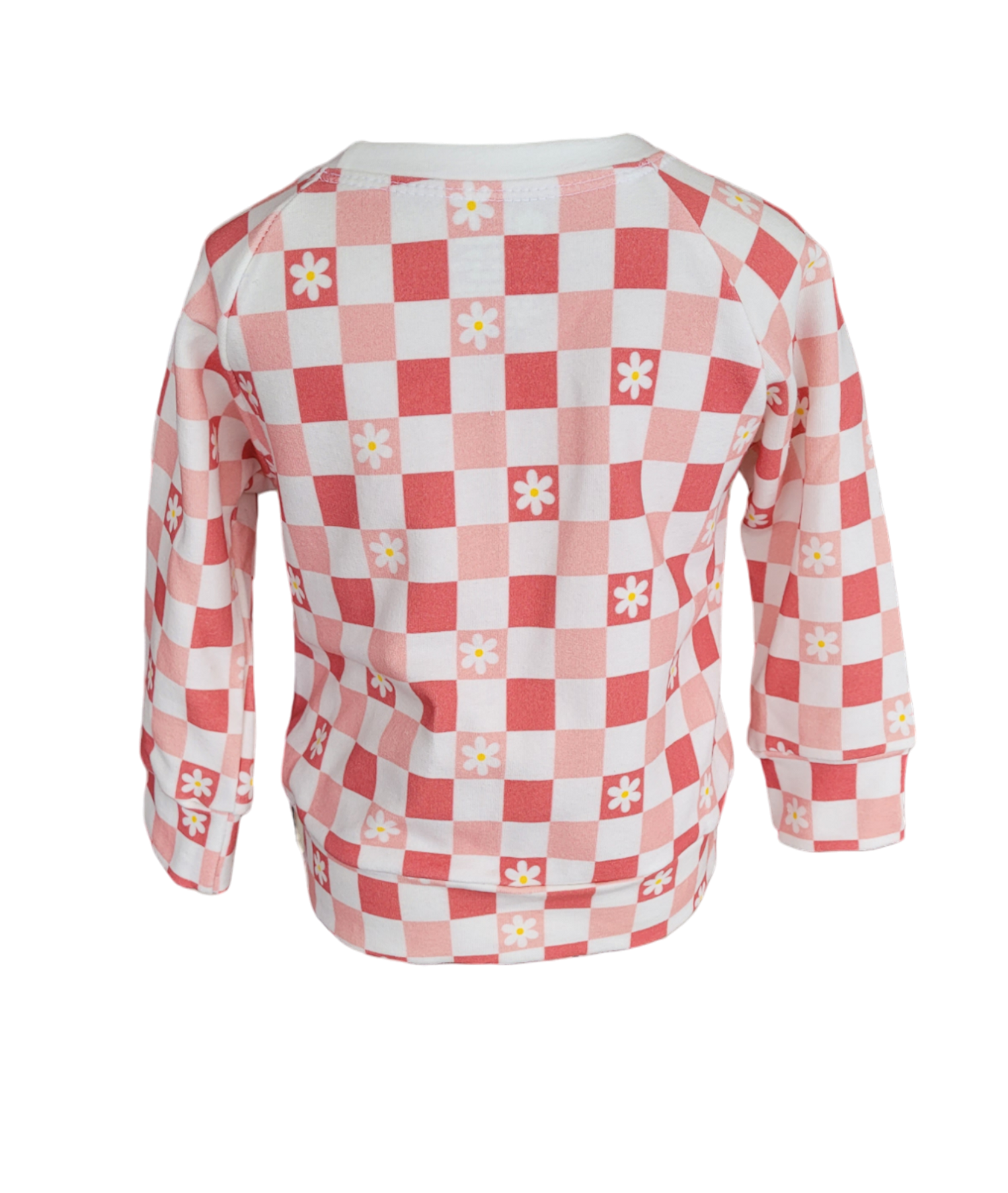 Back of pink daisy sweatshirt. Organic white and pink checkered sweatshirt with white daisy's. 