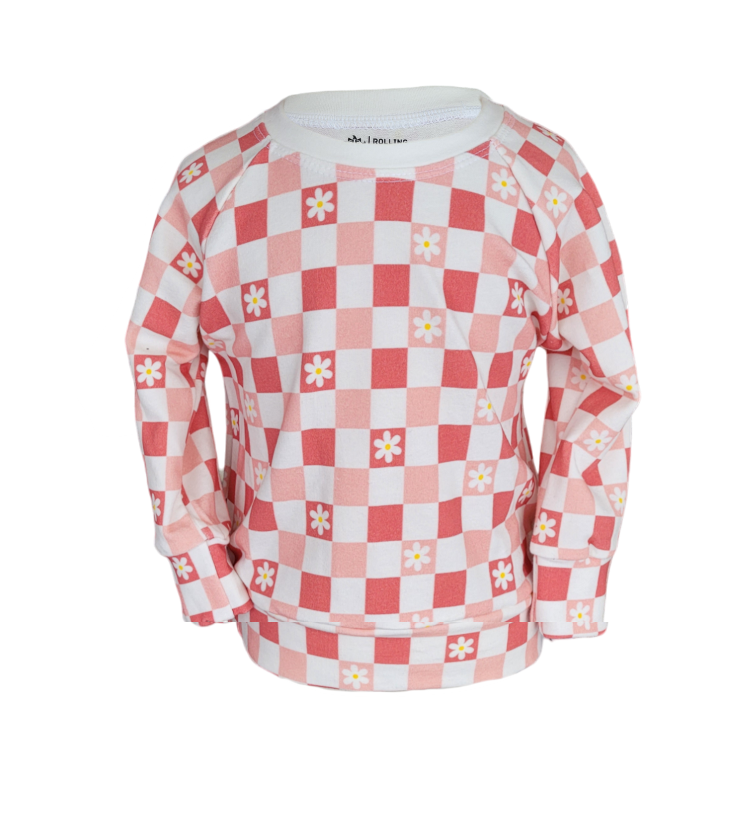 Front of pink daisy sweatshirt. Organic white and pink checkered sweatshirt with white daisy's. 