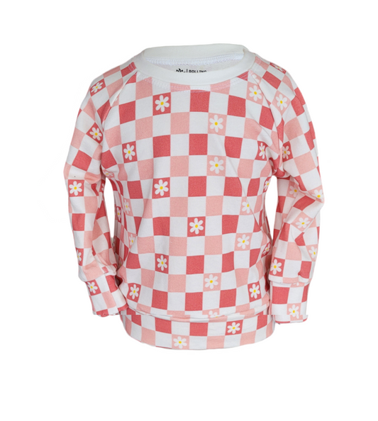 Front of pink daisy sweatshirt. Organic white and pink checkered sweatshirt with white daisy's. 