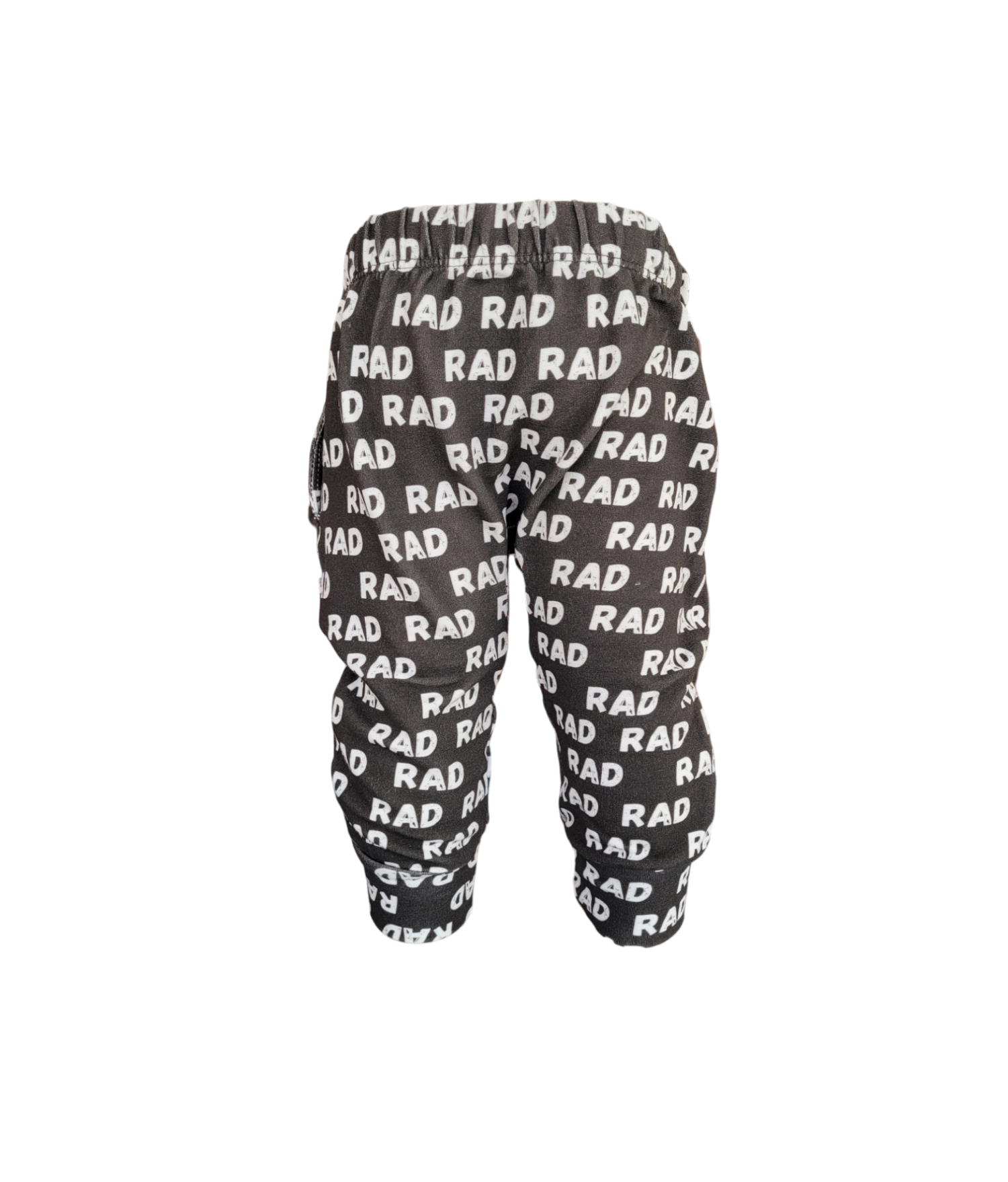 Back of RAD Sweatpants. Organic black sweatpants with white RAD pattern.