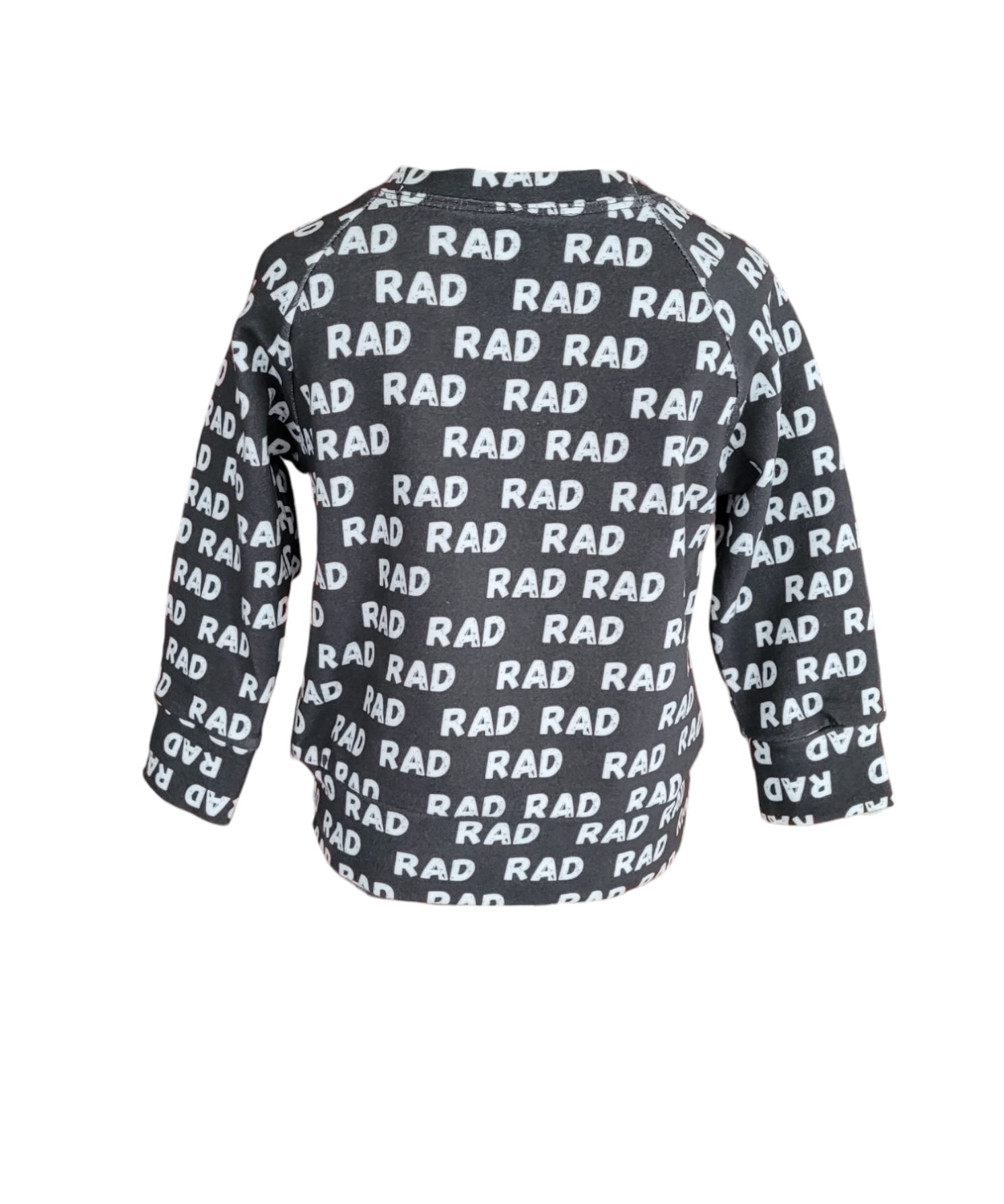 Back of Rad Sweatshirt. Organic black sweatshirt with white Rad pattern.