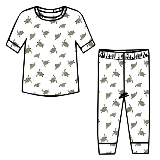 Turtle Lounge Set. White tee shirt and pant sent with green turtles