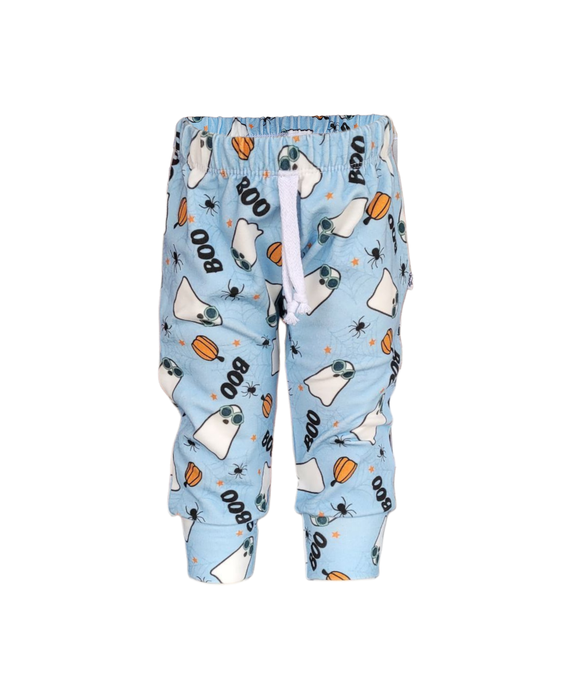 Light blue Halloween kids sweatpants with ghost, pumpkin, and spider print and faux drawstring.