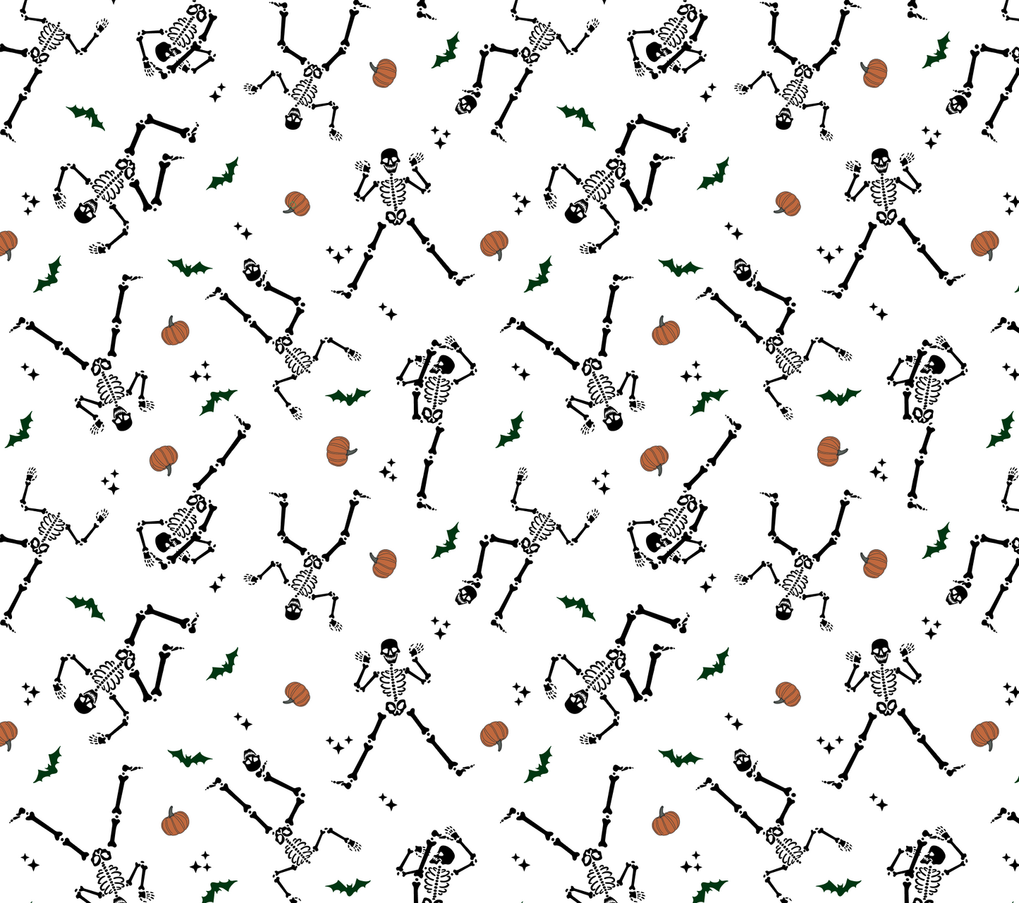 Repeating Halloween pattern with dancing skeletons, pumpkins, bats, and stars on white background