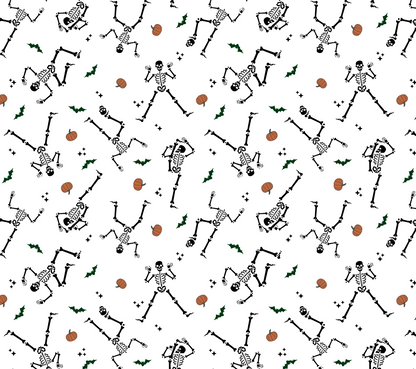 Repeating Halloween pattern with dancing skeletons, pumpkins, bats, and stars on white background