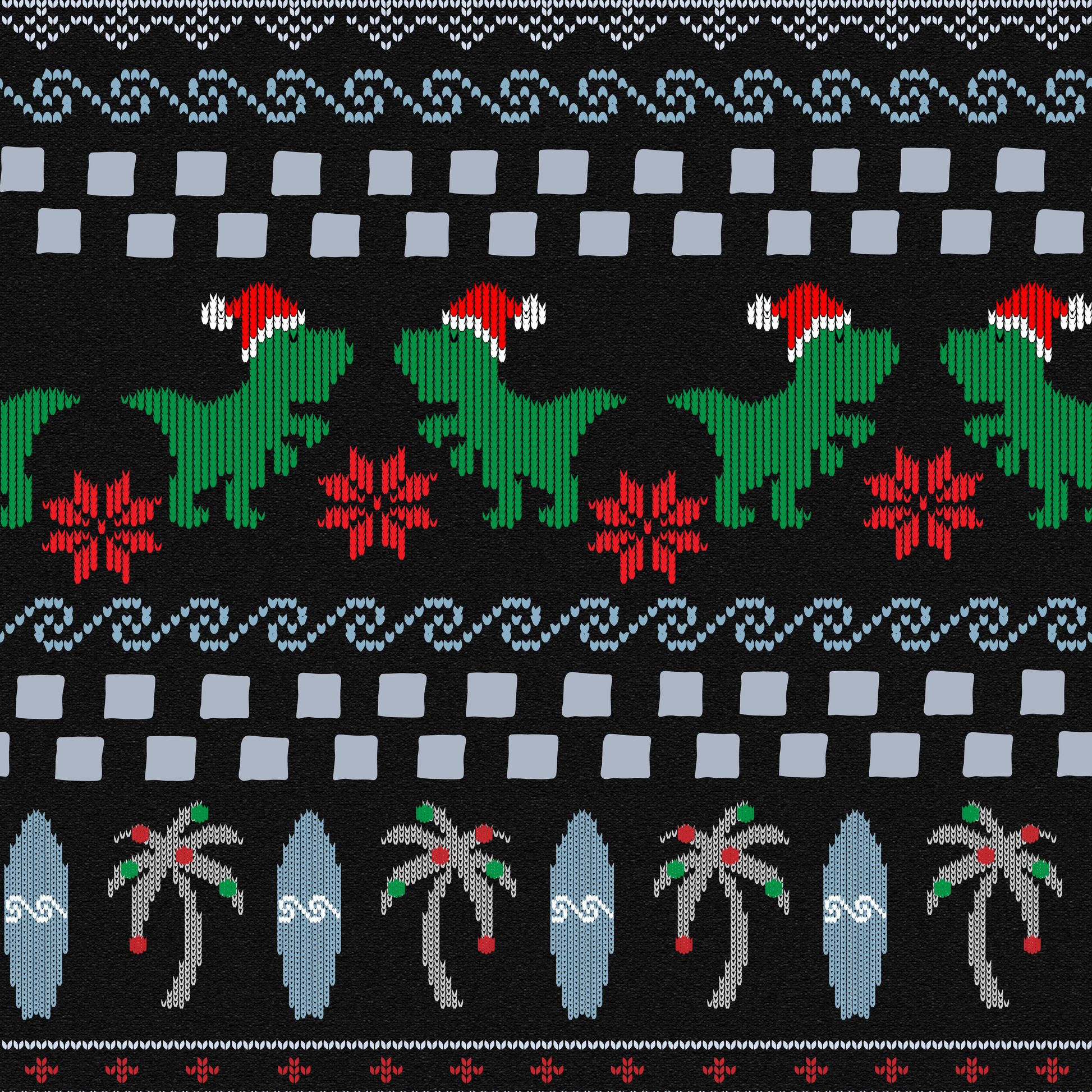 Festive knit-style Christmas sweater pattern featuring green dinosaurs in Santa hats, red snowflakes, waves, palm trees, and surfboards on black background