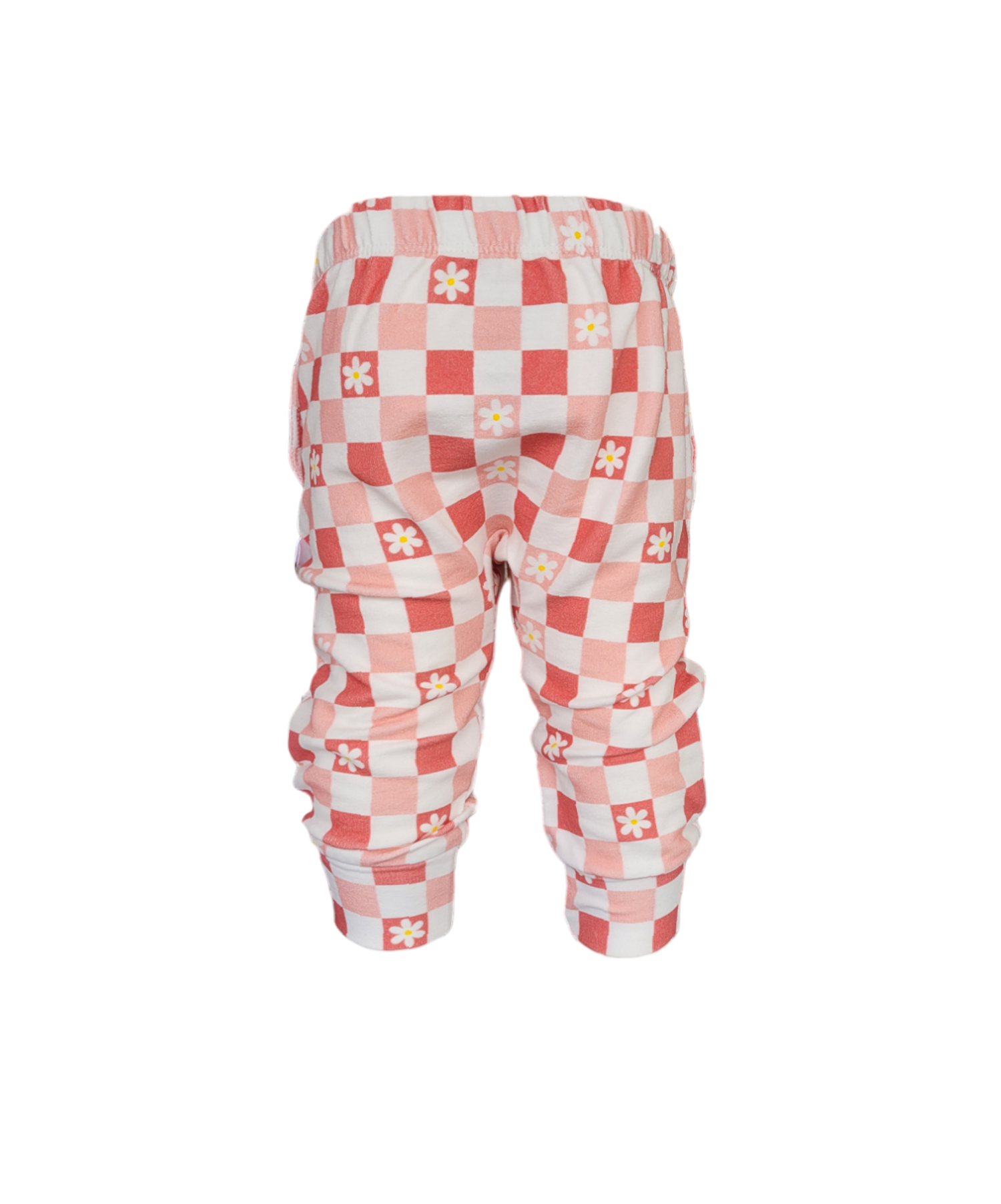 Back view of girls organic cotton sweatpants in pink checkered daisy print with elastic waistband and cuffed ankles