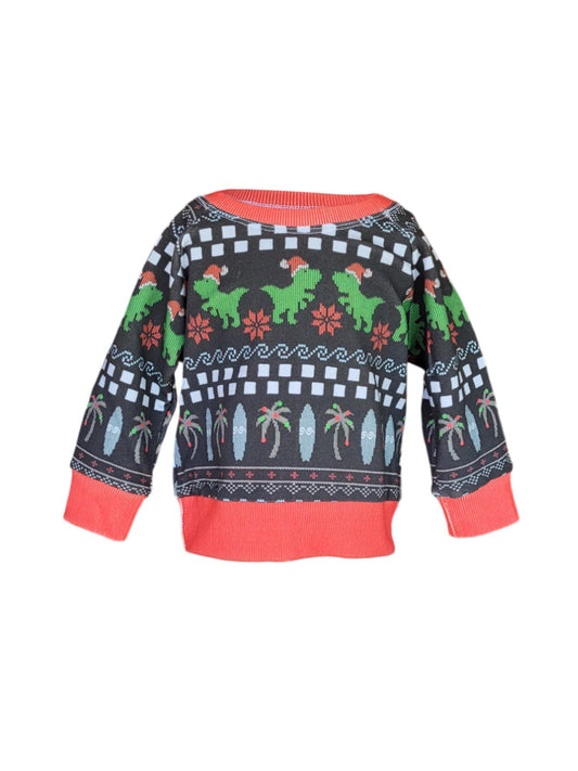 Kids holiday crewneck sweatshirt made from organic French terry featuring surfing dinosaurs in Santa hats with palm trees and snowflakes – oversized fit