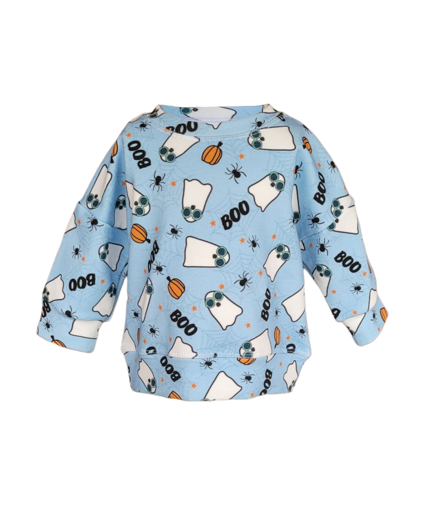 Kids blue Halloween sweatshirt – BOO ghost print with pumpkins, spiders, and stars on organic cotton French terry, handmade on Long Island