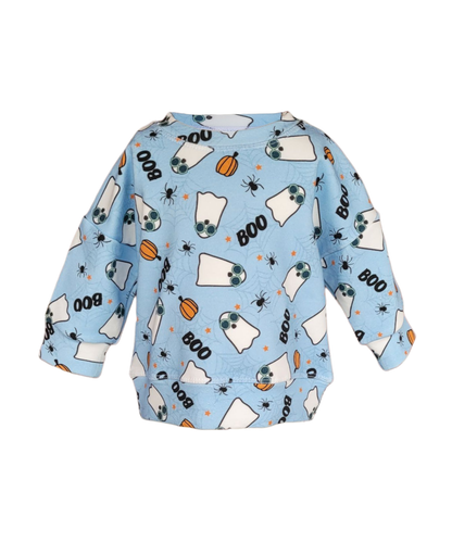 Kids blue Halloween sweatshirt – BOO ghost print with pumpkins, spiders, and stars on organic cotton French terry, handmade on Long Island