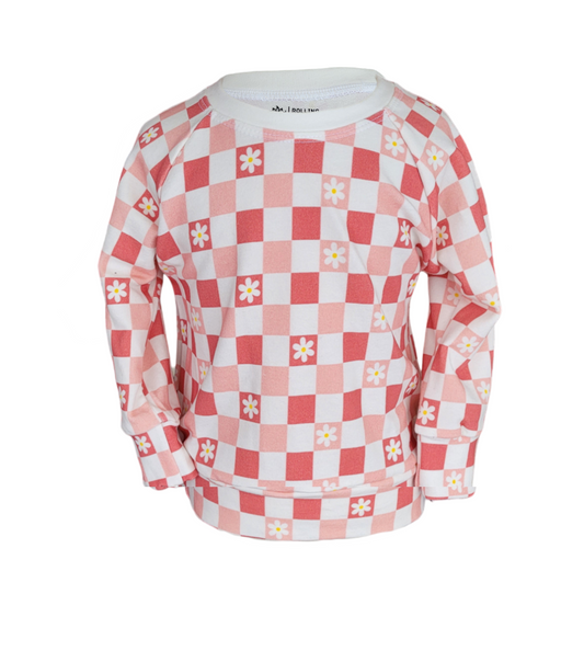 Kids daisy checkerboard sweatshirt – organic cotton, oversized fit, handmade on Long Island