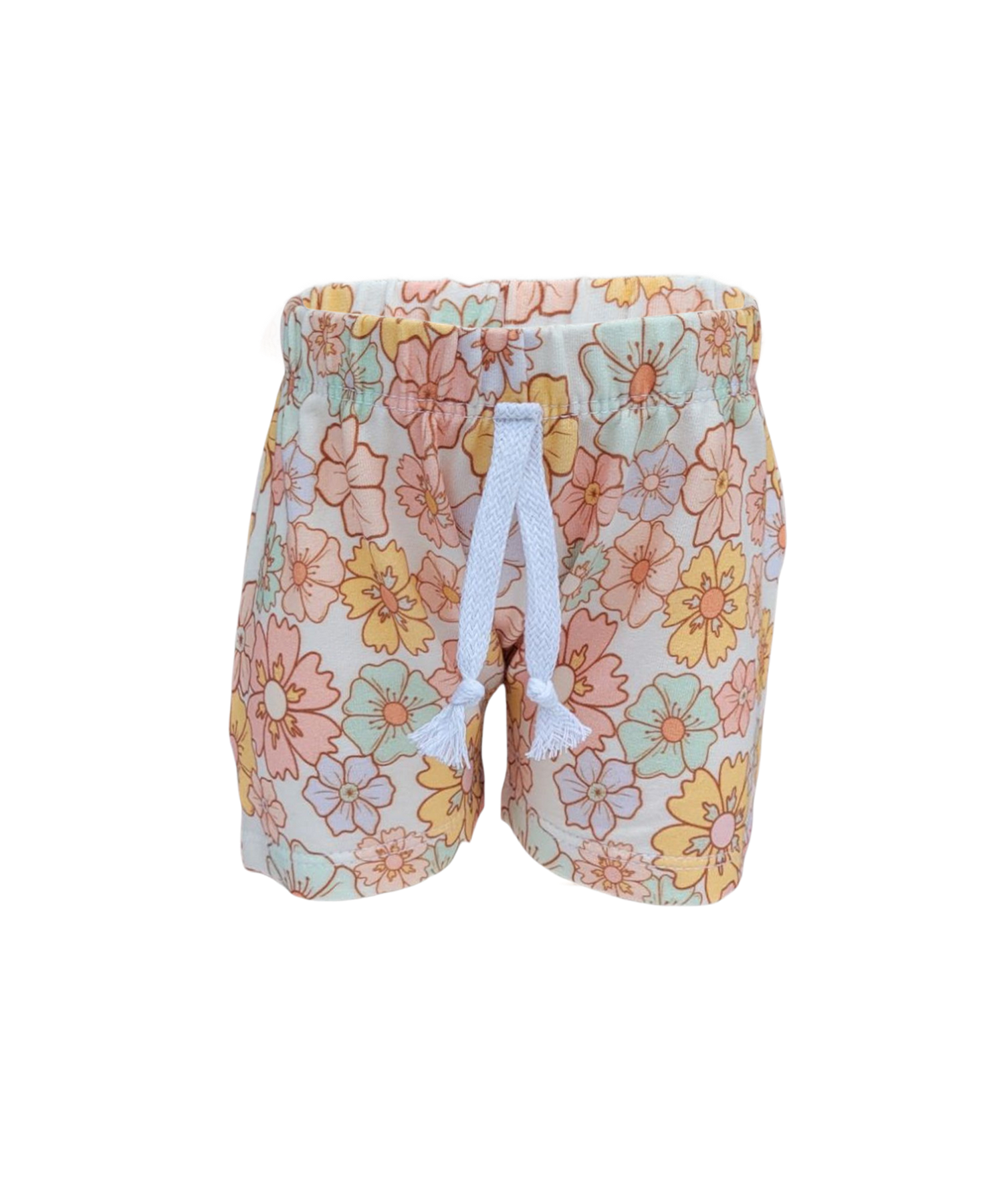 Kids floral print summer shorts – organic cotton with elastic waistband and decorative drawstring, handmade in the USA