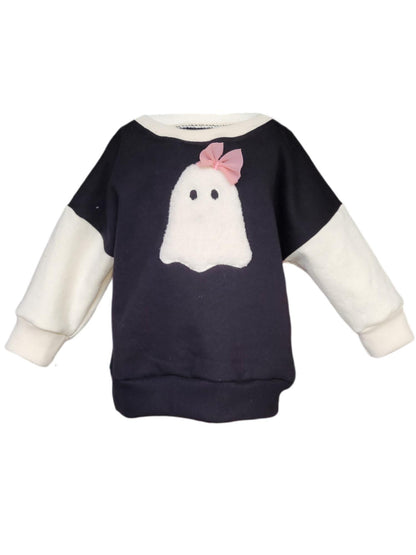 Kids ghost sweatshirt with pink bow – spooky cute fleece pullover, handmade on Long Island