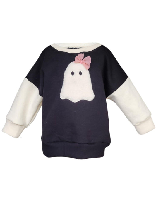 Kids ghost sweatshirt with pink bow – spooky cute fleece pullover, handmade on Long Island