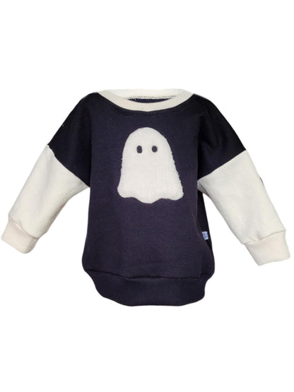 Kids ghost sweatshirt – fuzzy ghost applique on black and white cotton, handmade on Long Island