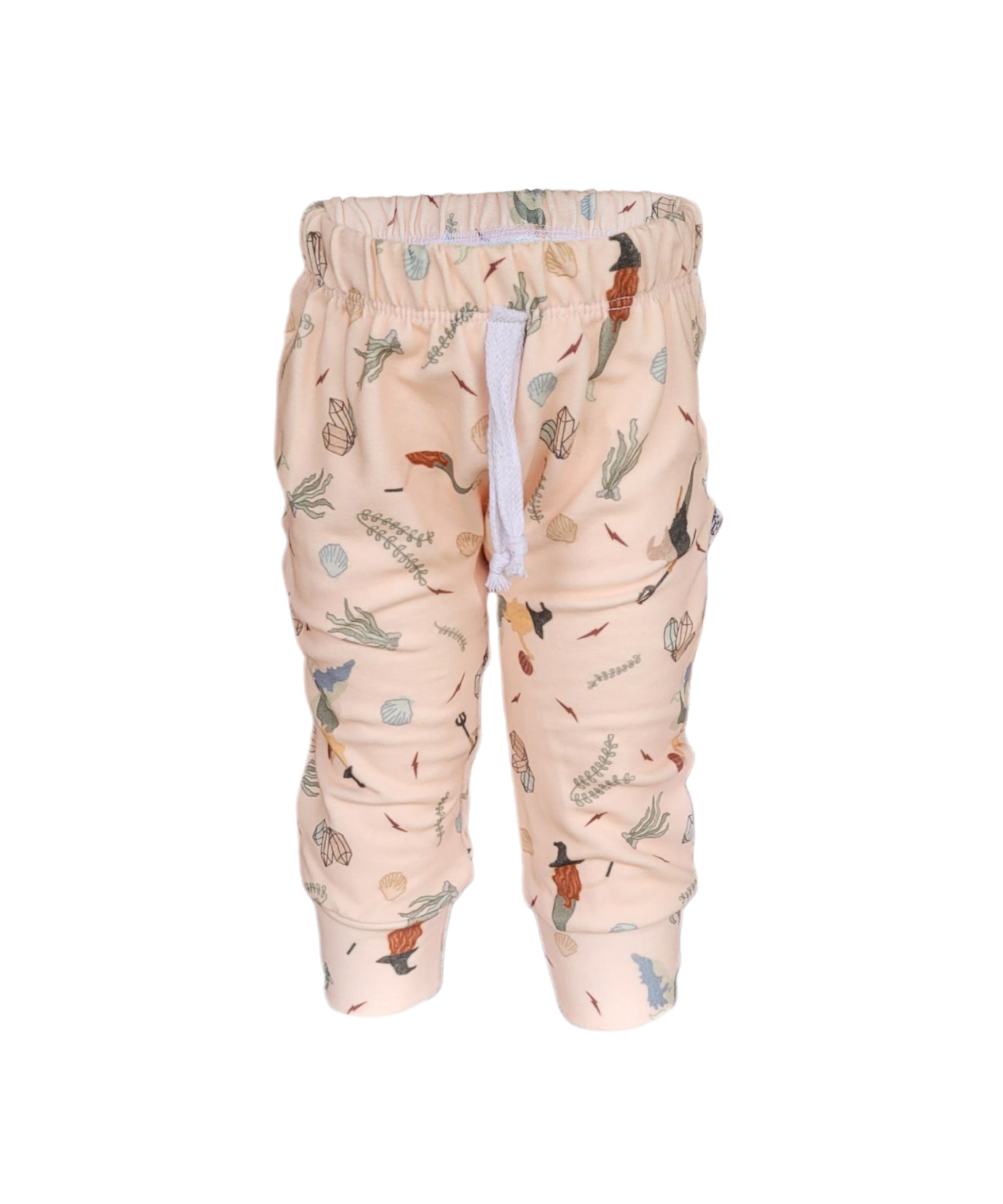 Kids mermaid witch sweatpants – pastel ocean and witch print on organic cotton French terry, handmade joggers from Long Island