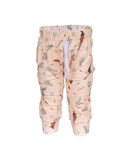 Kids mermaid witch sweatpants – pastel ocean and witch print on organic cotton French terry, handmade joggers from Long Island