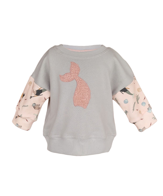 Kids mermaid witch sweatshirt – chenille mermaid tail on grey top with pastel sea witch sleeves, organic French terry, handmade on Long Island