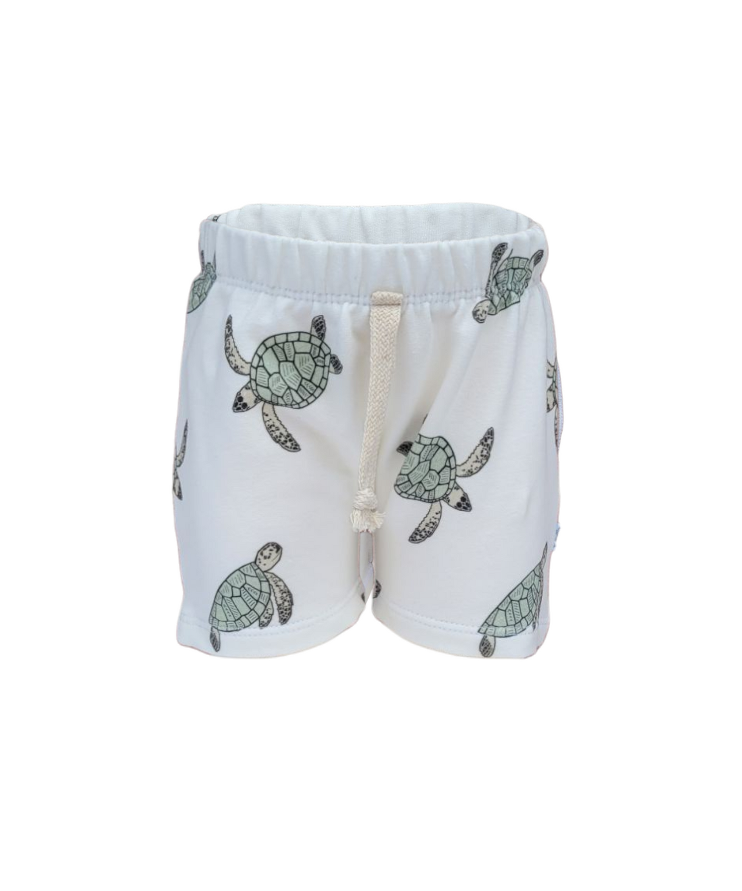 Kids sea turtle print shorts – organic French terry cotton with elastic waistband, handmade in the USA