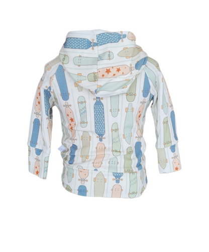 Back view of kids organic cotton hoodie with pastel skateboard and longboard print – pullover style with hood and raglan sleeves