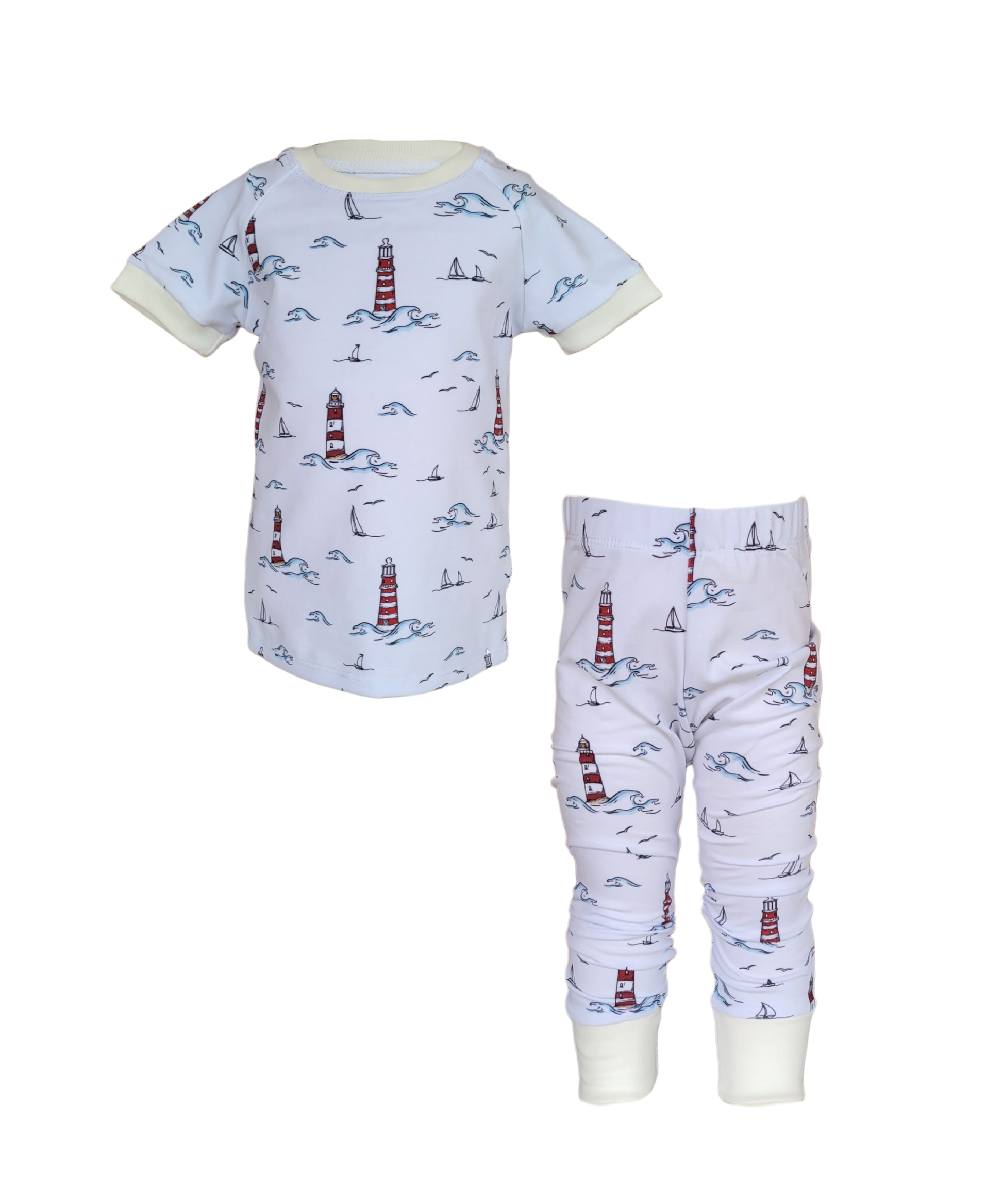 Kids bamboo pajama set with red lighthouse and sailboat print, short sleeve top and long pants in soft white fabric for all-season comfort