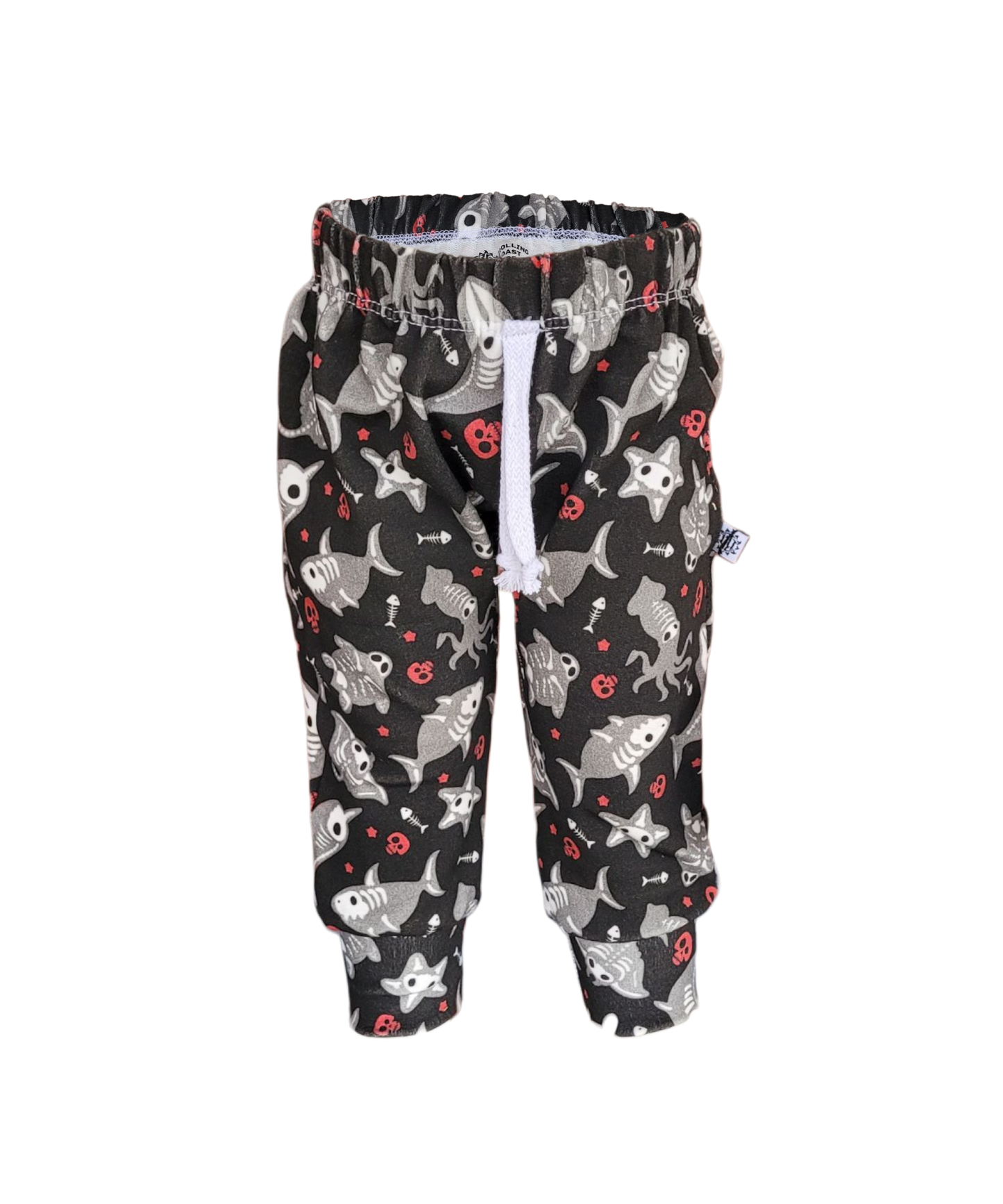 Kids sweatpants with spooky skeleton fish and sea creatures print on black background – handmade from soft cotton with white drawstring