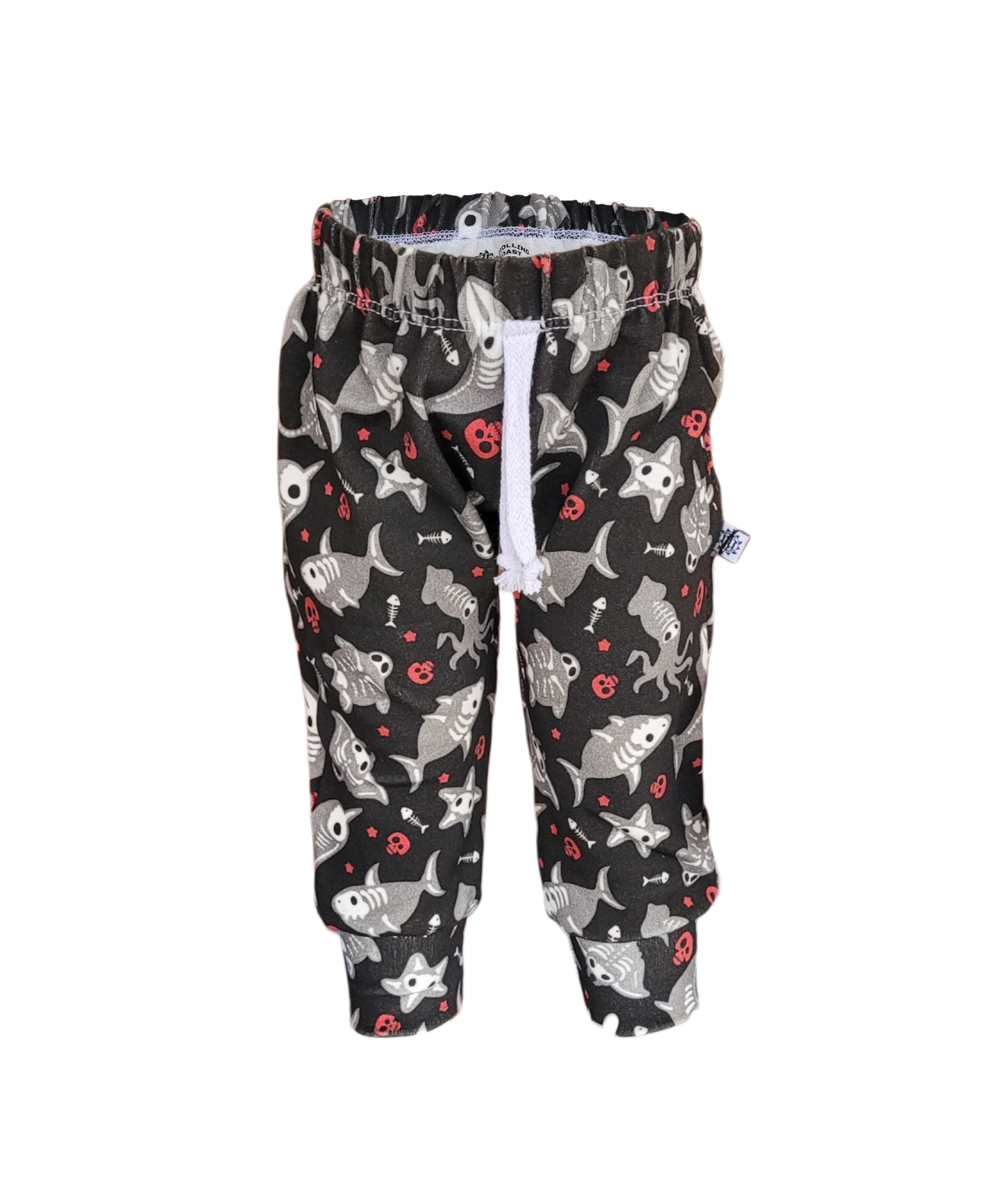 Kids sweatpants with spooky skeleton fish and sea creatures print on black background – handmade from soft cotton with white drawstring