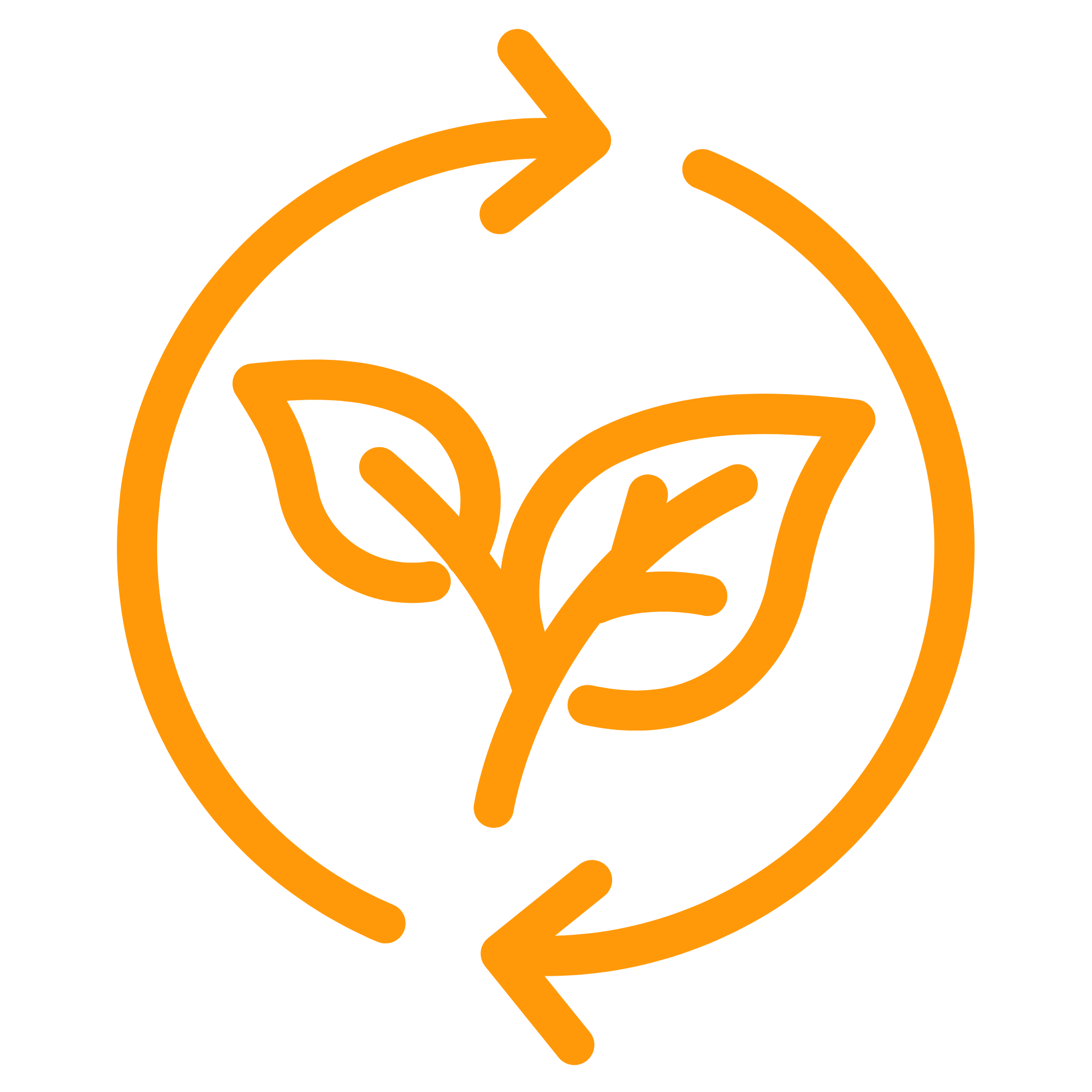 Orange eco-friendly icon with two leaves surrounded by circular arrows